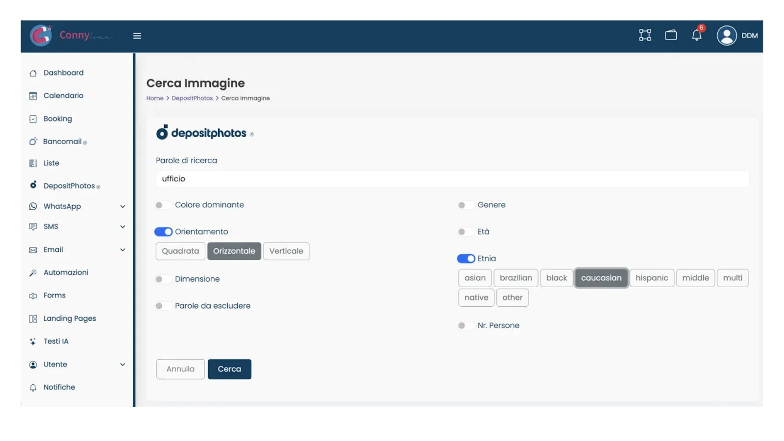 Ricerca immagini Depositphotos in ConnyLine con i filtri per orientamento ed etnia
