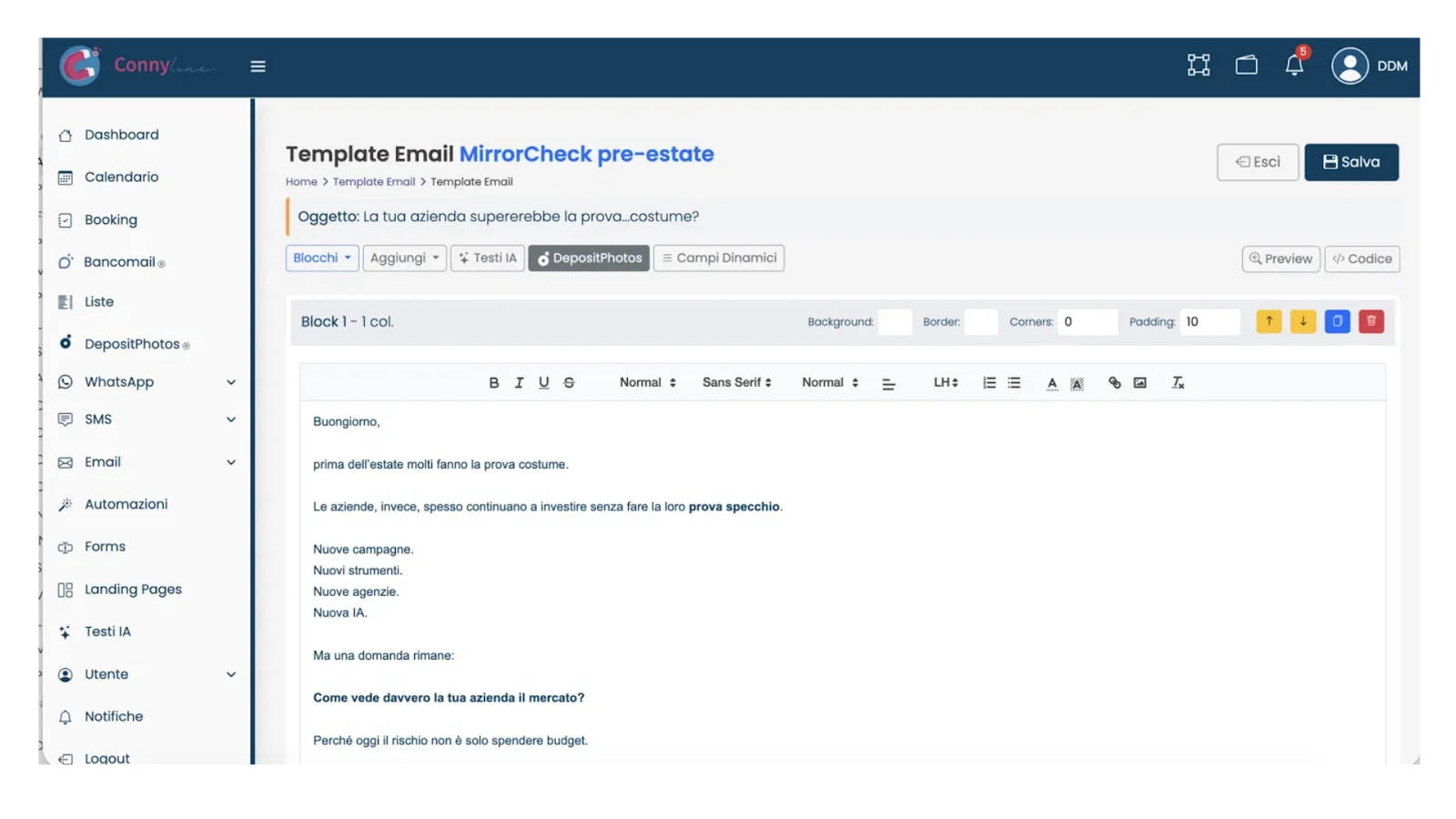 Editor dei template email di ConnyLine con il pulsante DepositPhotos