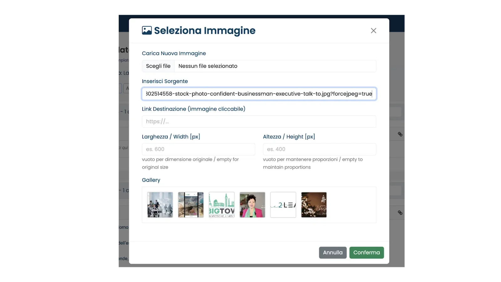 Finestra Seleziona immagine con il link Depositphotos nella sorgente