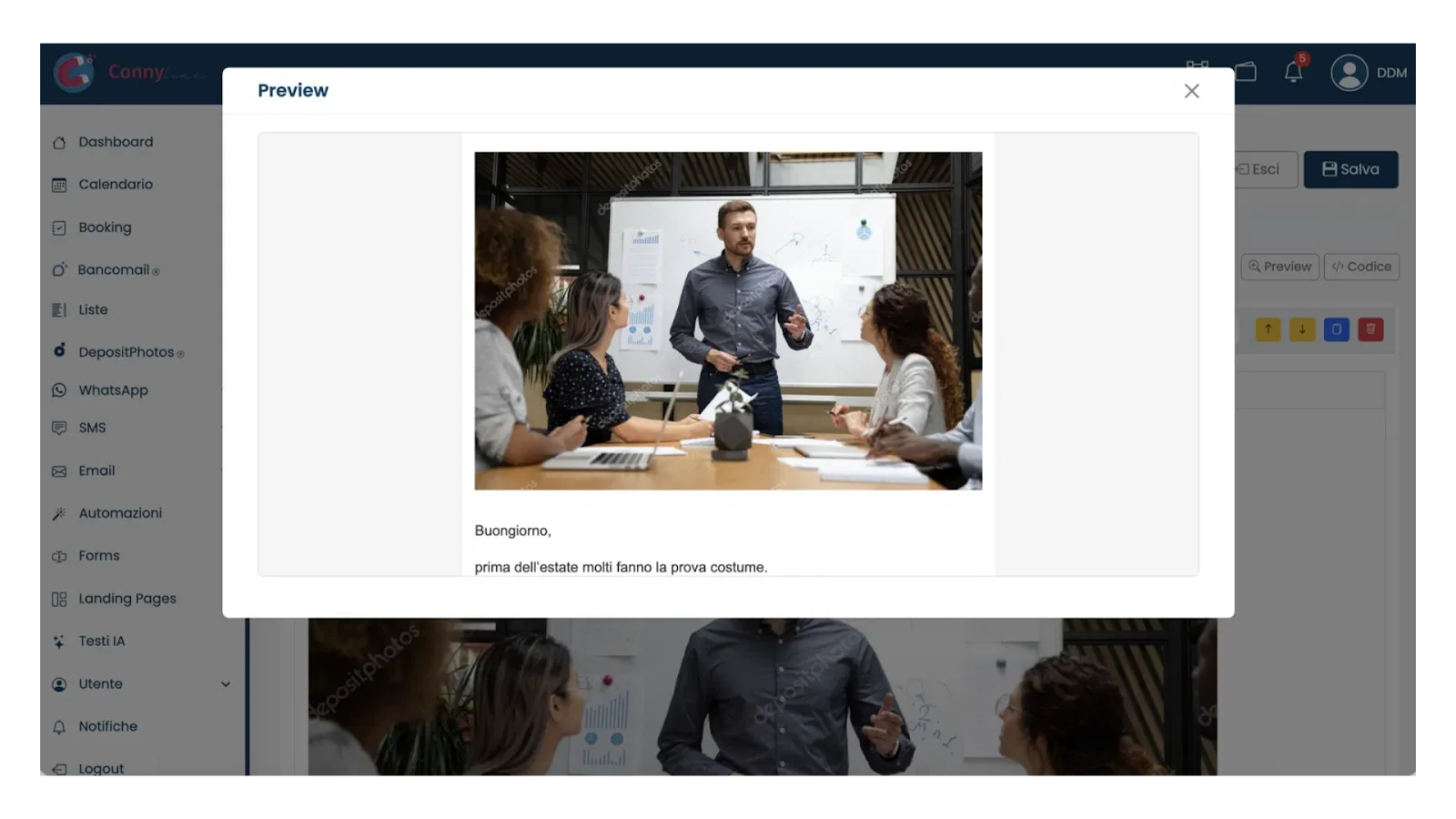 Anteprima del template email con immagine Depositphotos in filigrana